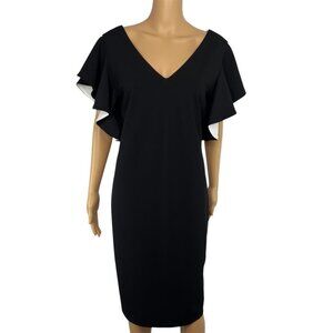 Joseph Ribkoff Sheath Dress Black V-Neck Chic Ruffle Sleeves Feminine Stretch